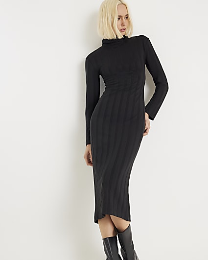 Black Cosy Wide Rib Midi Dress