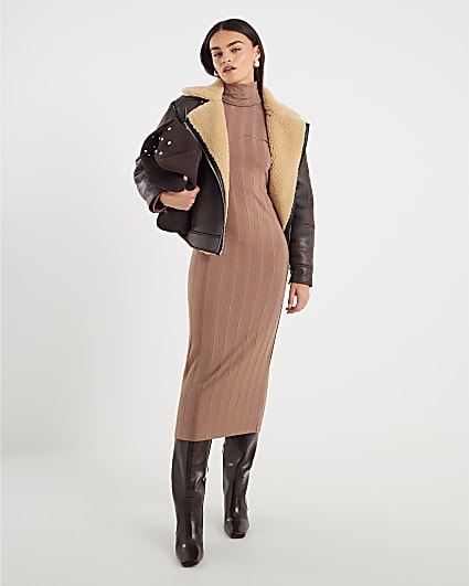 Beige Cosy Wide Rib Midi Dress
