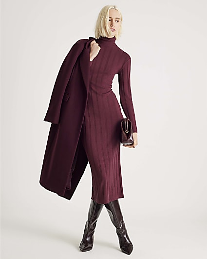 Red Cosy Wide Rib Midi Dress