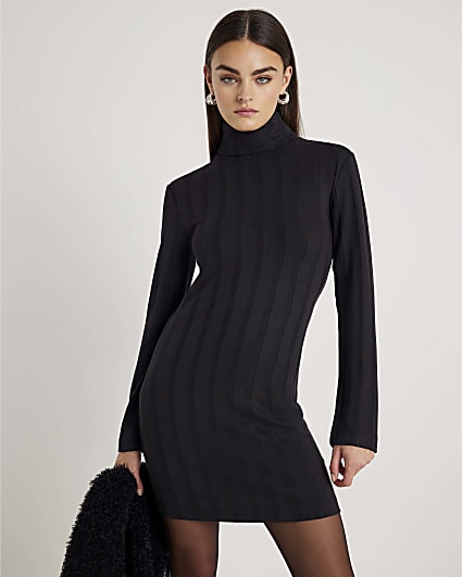 Black Long Sleeve Cosy Wide Ribbed Mini Dress