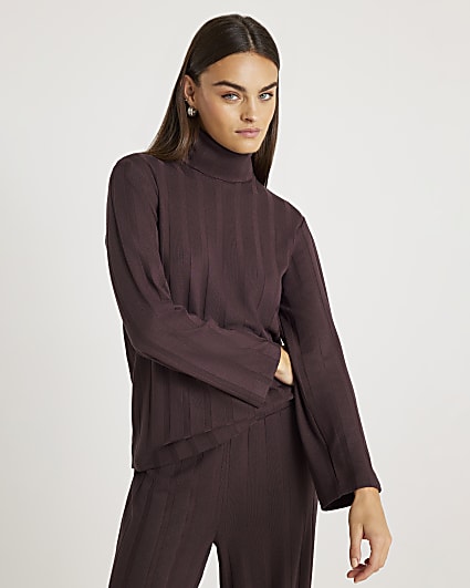 Brown Long Sleeve Wide Ribbed Top