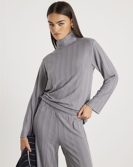 Grey Long Sleeve Wide Ribbed Top