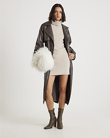 Beige Long Sleeve Cosy High Neck Mini Dress