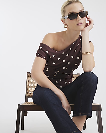 Brown Polka Dot Short Sleeve Drape Top