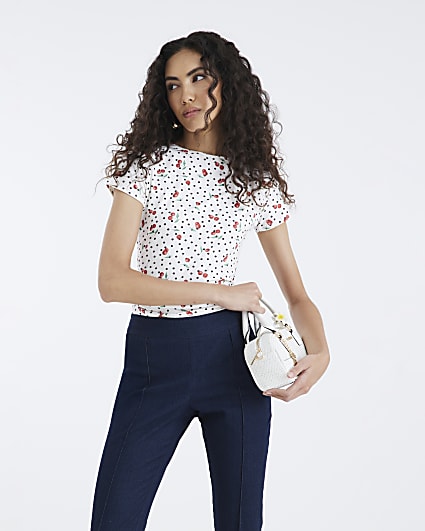 White Short Sleeve Polka Dot Cherry T-shirt