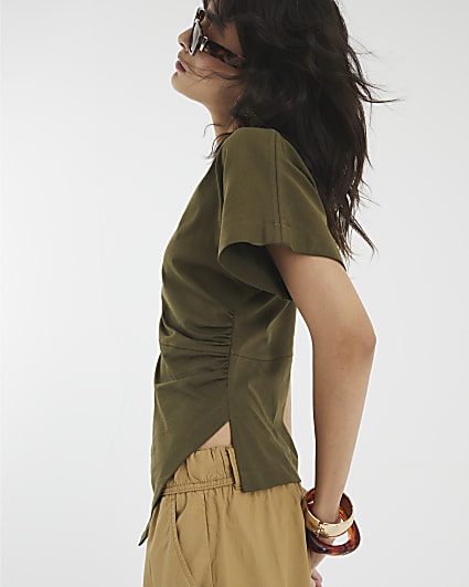Khaki Short Sleeve Drape Side T-shirt