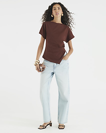 Brown Short Sleeve Drape Side T-shirt