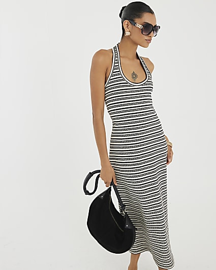 Cream Stripe Halter Neck Midi Dress