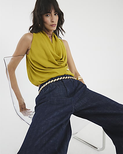 Yellow Sleeveless Drape Cowl Neck Top