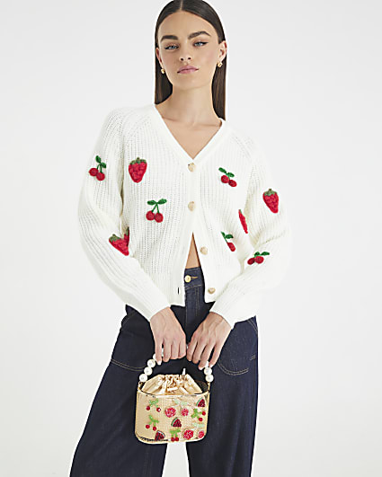 Cream Knitted Embroidered Strawberry Cardigan