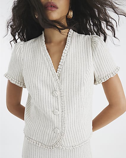 Beige Stripe Frill Linen Blend Tailored Top