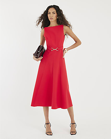 Red Boat Neck Sleeveless Belted Midi Dress