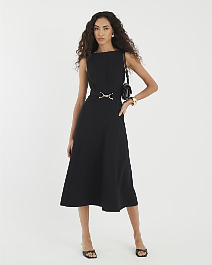 Black Boat Neck Sleeveless Belted Midi Dress