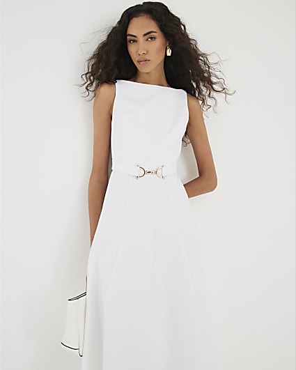 White Boat Neck Sleeveless Belted Midi Dress