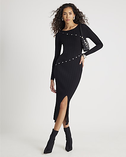 Black Knit Popper Maxi Dress