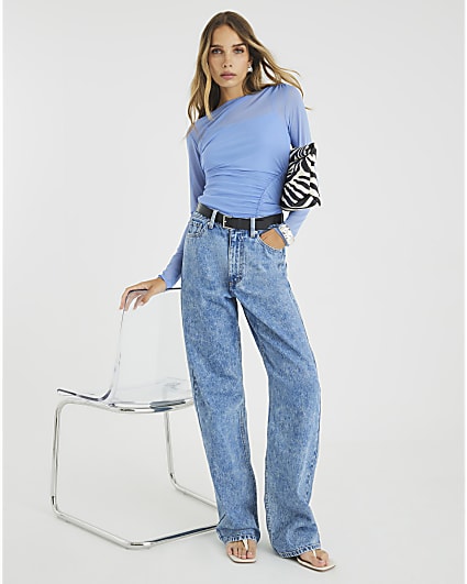 Blue Long Sleeve Boat Neck Ruched Mesh Top