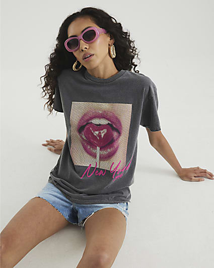 Grey Lollipop Lips Washed T-Shirt
