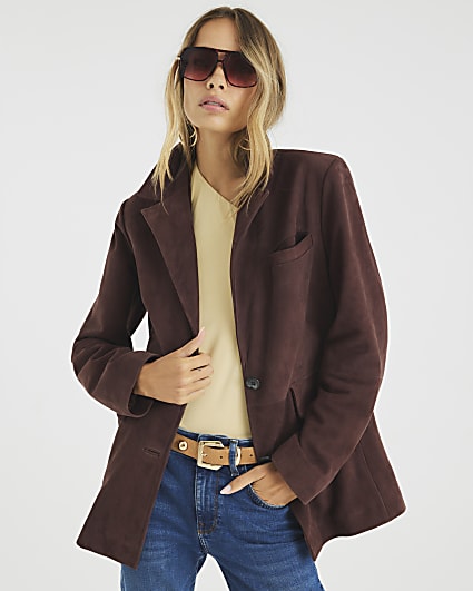 Brown Boxy Fit Suede Blazer