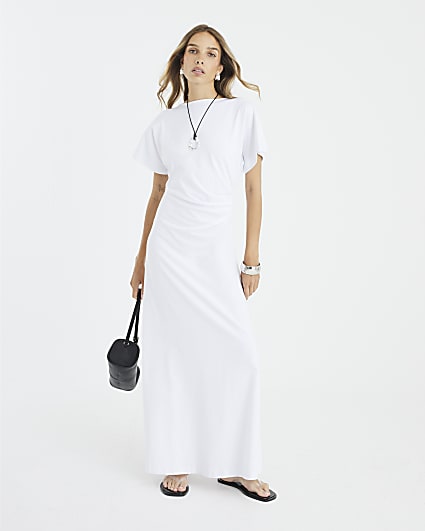 White Short Sleeve Drape Side Midi Dress