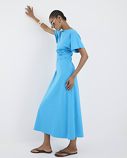 Blue Short Sleeve Drape Side Midi Dress
