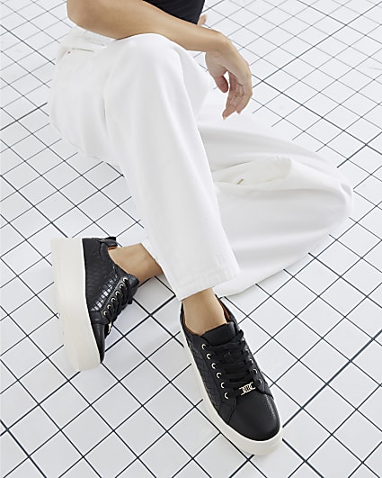 Black Platform Woven Lace Up Trainers