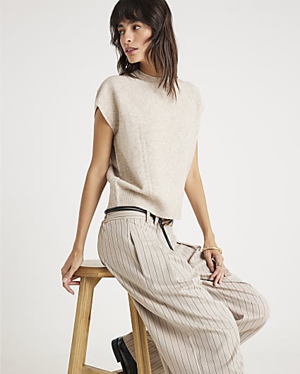 Beige Knitted Boxy Fit Tank Top