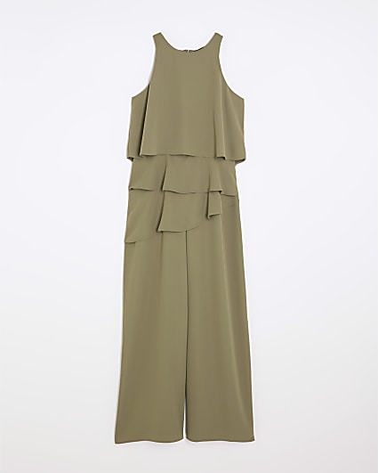 Petite Khaki Layered Wide Leg Jumpsuit