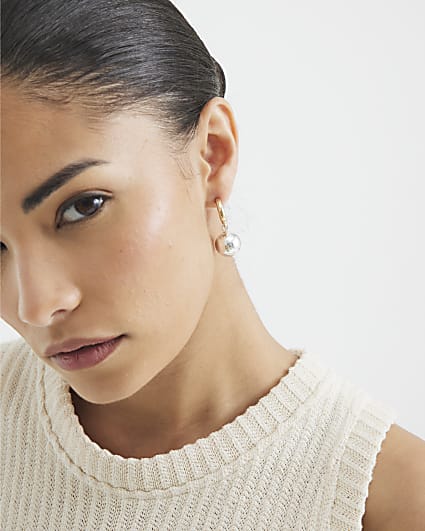Gold mini ball drop hoop earrings