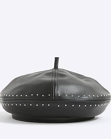 Black Faux Leather Stud Beret