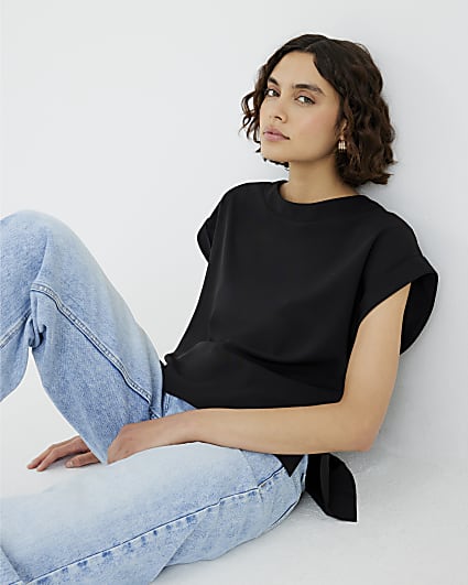 Black Crepe Turn Back Cuff T-Shirt