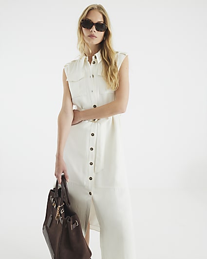 White Premium Midi Utility Shirt Dress