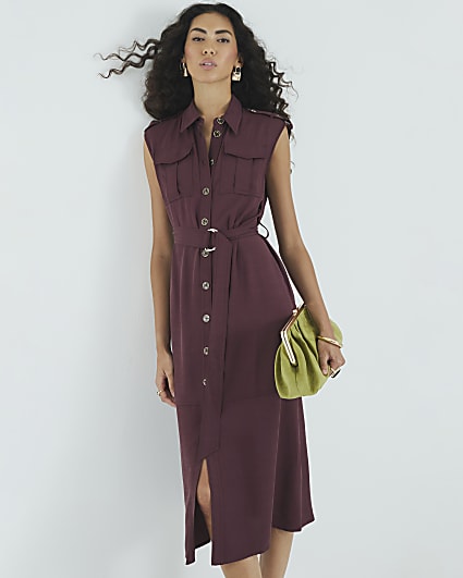 Purple Premium Midi Utility Shirt Dress