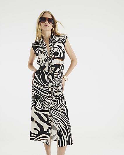 Black Zebra Print Sleeveless Midi Shirt Dress