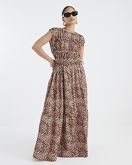 Petite Beige Leopard Print Tiered Maxi Dress