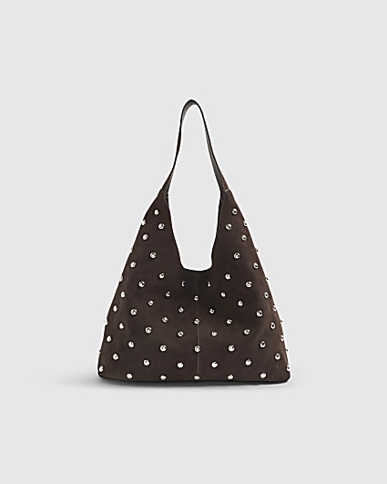 Brown Suede Studded Slouch Shoulder Bag