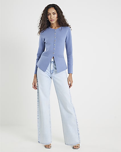 Blue Knitted Button Up Cardigan