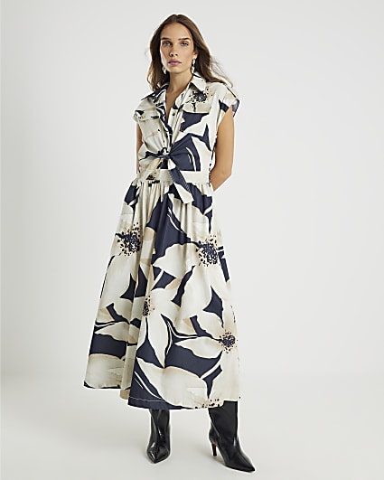 Black Floral Utility Midi Dress