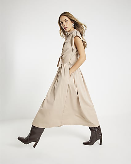 Beige Sleeveless Utility Midi Dress