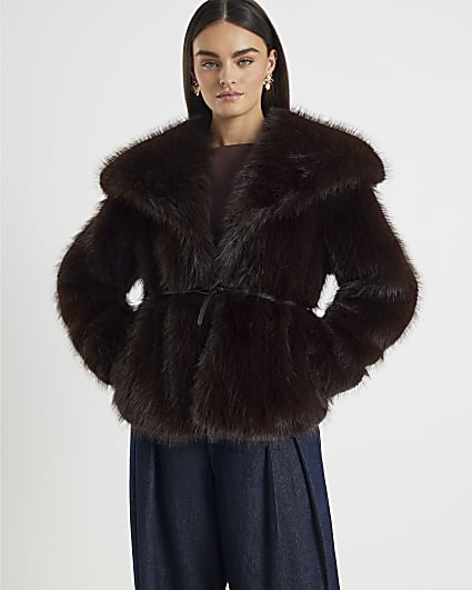 Brown Short Belted Faux Fur Coat