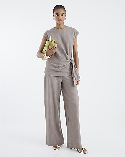 Beige Drawstring Pinstripe Trousers