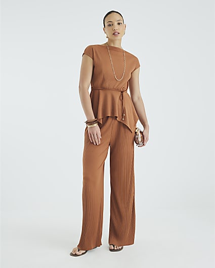 Brown Plisse Wide Leg Trousers