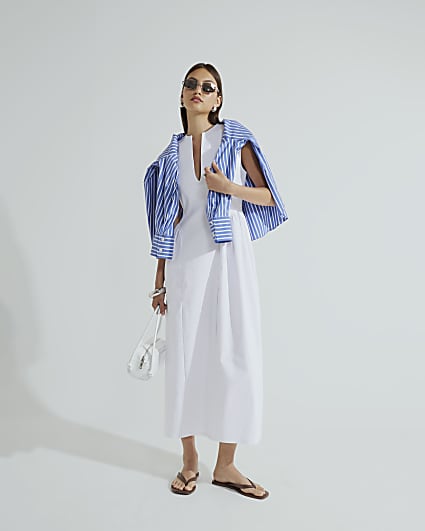 White Sleeveless V Neck Midi Dress