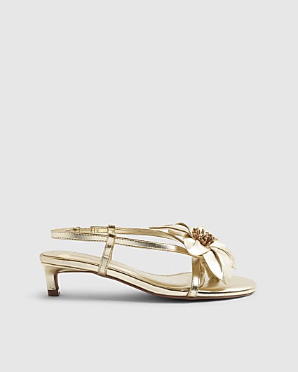 Gold Kitten Heeled Flower Sandals