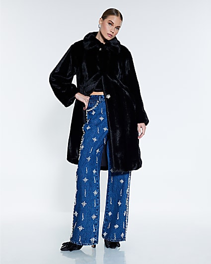 Black Embellished Button Faux Fur Coat
