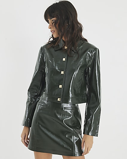Green Faux Leather Croc Print Jacket