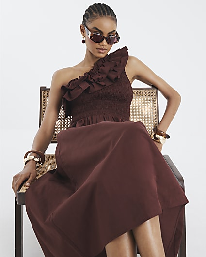 Brown One Shoulder Shirred Midi Dress