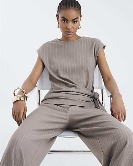 Beige Short Sleeve Pinstripe Tie Detail Top