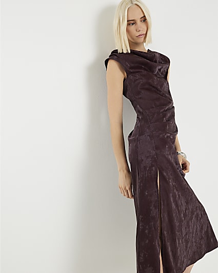 Red Hammered Faux Leather Cowl Neck Dress