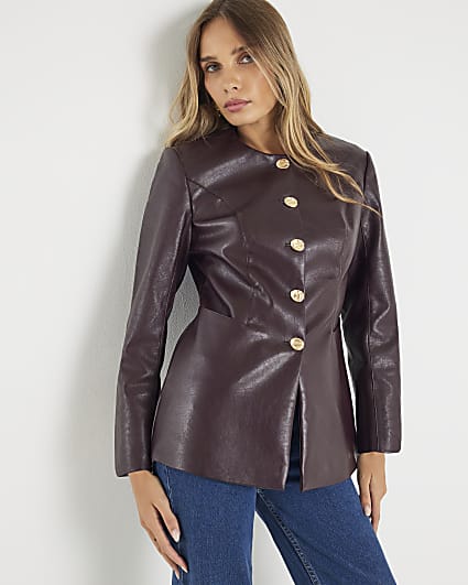 Red Faux Leather Button Collarless Jacket