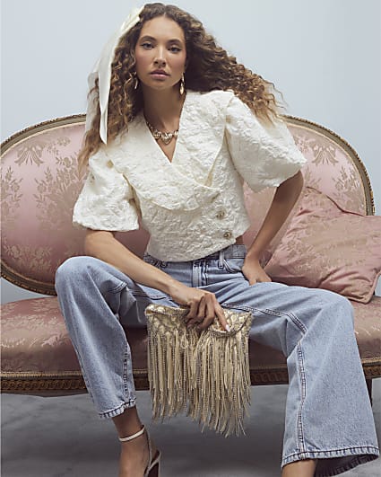 Cream Short Puff Sleeve Cropped Button Up Top